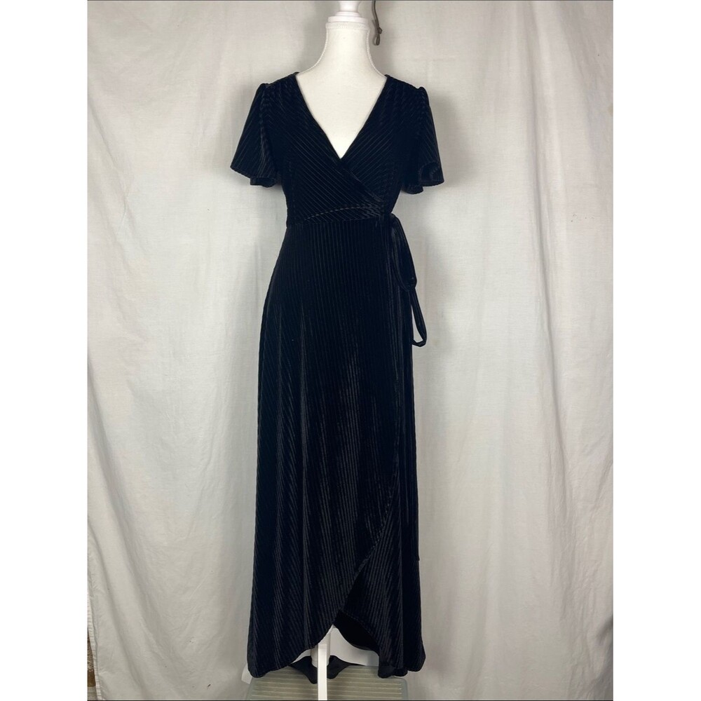 Baltic Born Black Striped Velvet Wrap Midi Dress